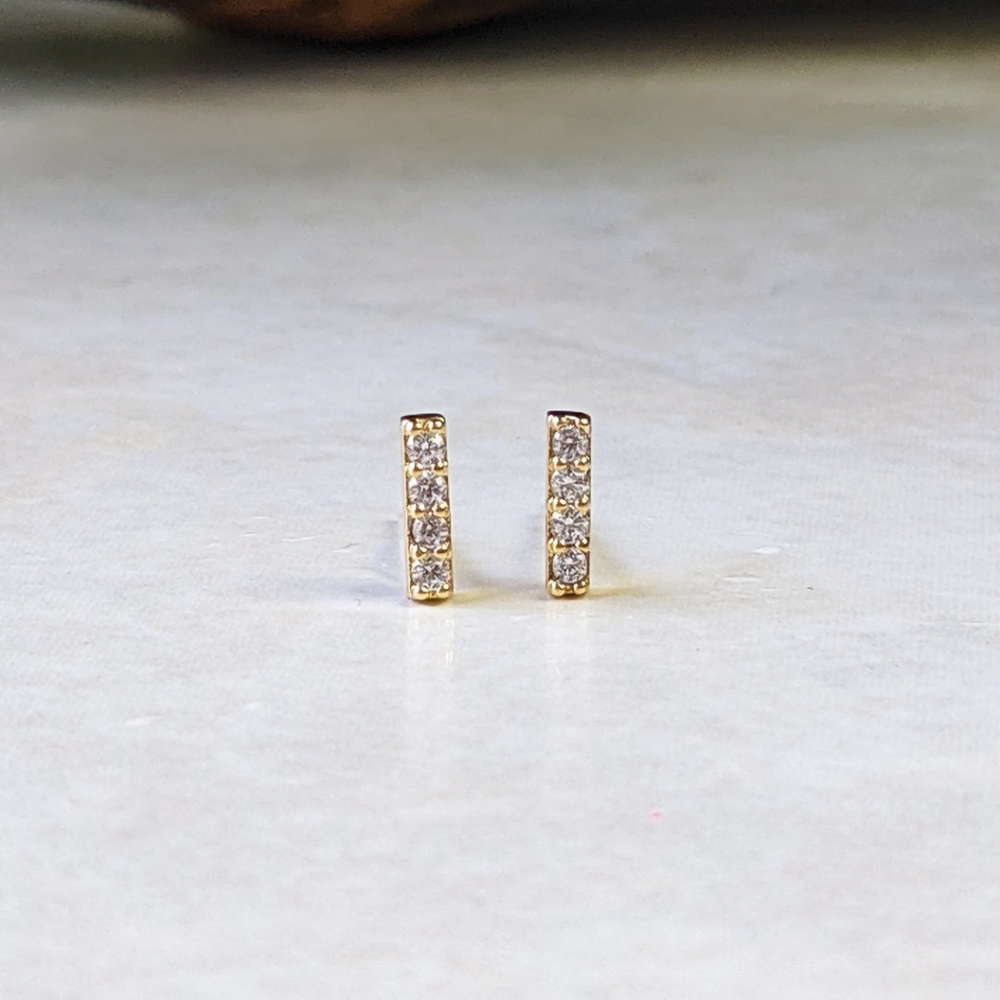 NWT Honeycat Dainty Crystal Bar Studs, 18k Gold Plated